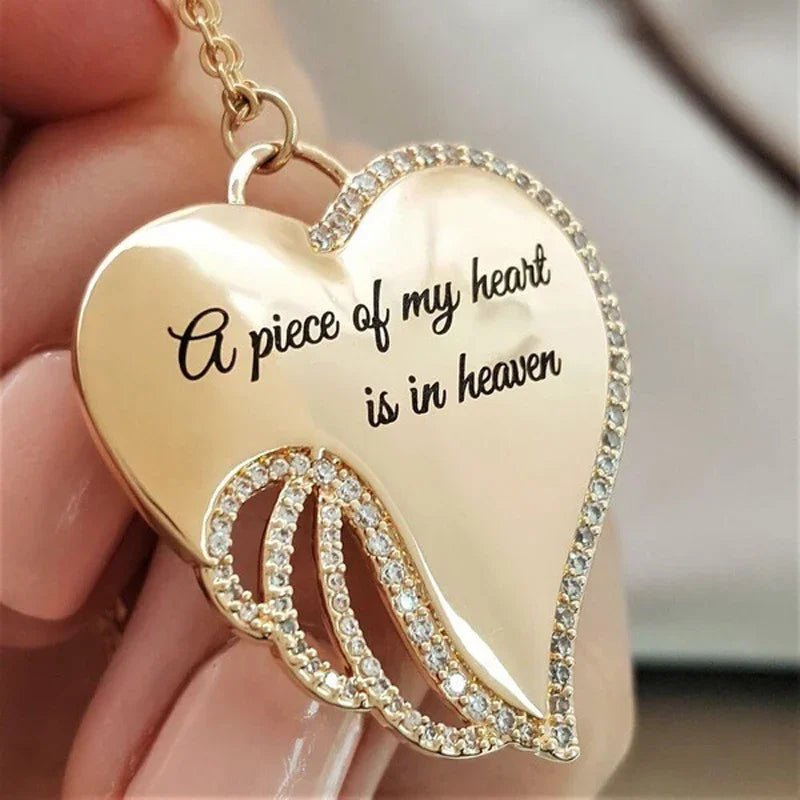 A Piece of My Heart Is in Heaven Christian MEMORIAL NECKLACE Elegant Sacred Angel Wings Mourning Necklace