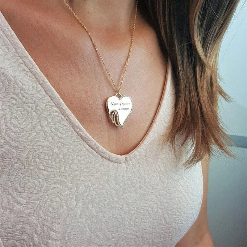 A Piece of My Heart Is in Heaven Christian MEMORIAL NECKLACE Elegant Sacred Angel Wings Mourning Necklace