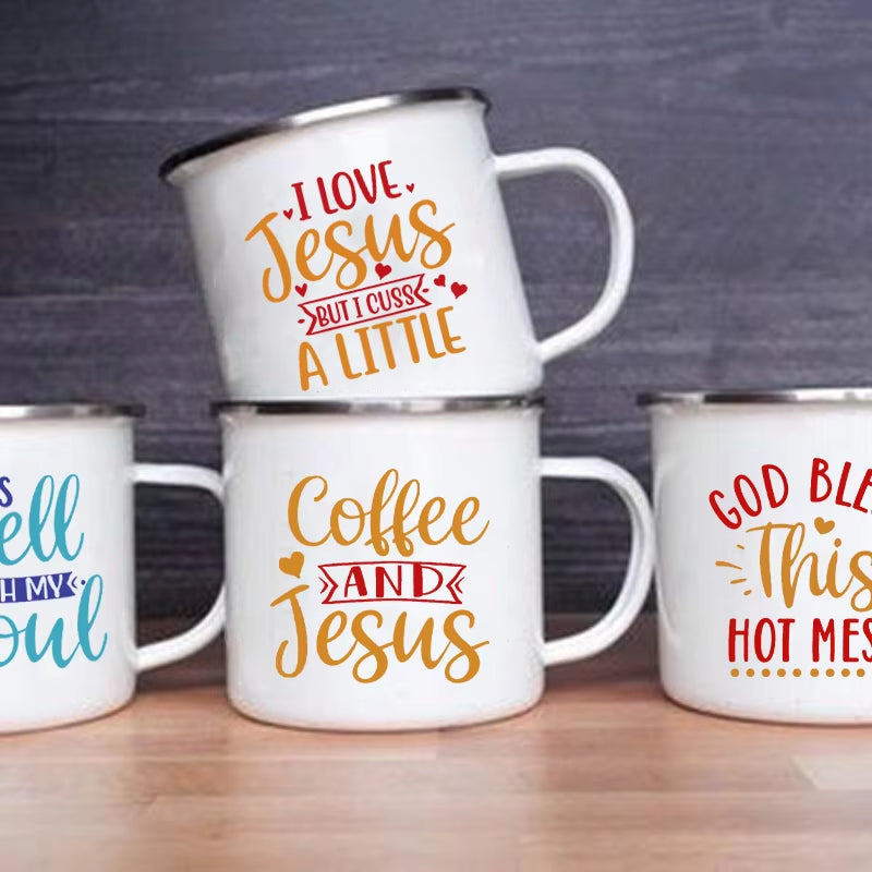 Christian Faith Enamel Coffee Tea Mugs Religious Quotes Trendy Christian Gift for Believer Camping Mug Religious Faith Gifts
