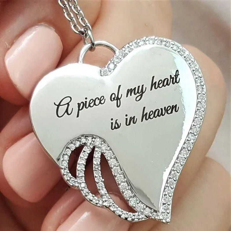 A Piece of My Heart Is in Heaven Christian MEMORIAL NECKLACE Elegant Sacred Angel Wings Mourning Necklace